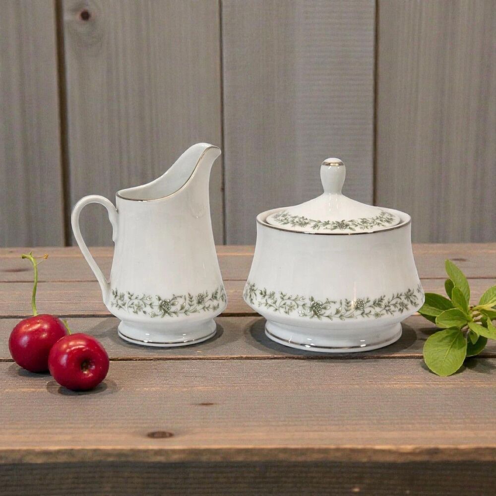 Vintage Mikasa Montclair G9059 Sugar Bowl w Lid & Creamer Set Japan Platinum‎